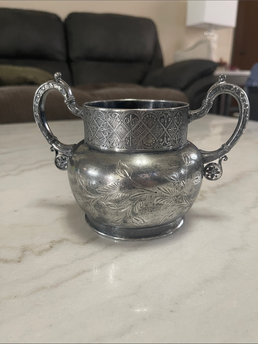 Decorative Silver-Tone Two-Handled Sugar Bowl
